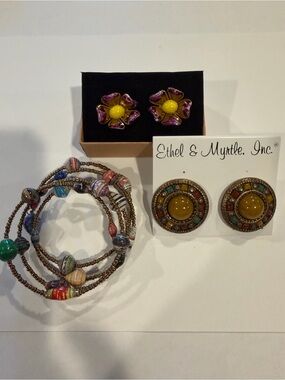 Lot: 2 pair clip on earrings, 1 wrap bracelet